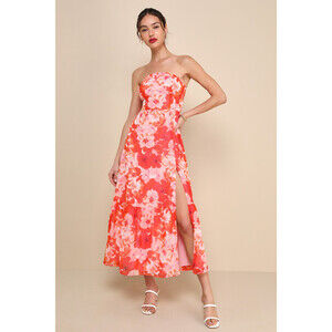 Lulus Bright Perspective Orange And Pink Floral Strapless Midi Dress - Size XL